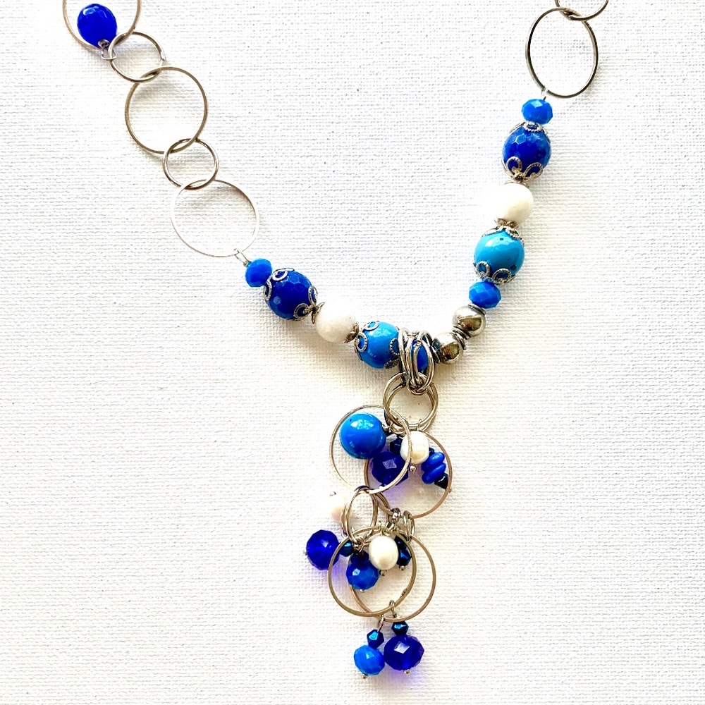 Silver Circle Link and Blue Bead Necklace